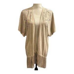 Honey Belle Kimono Womens S Tan Faux Suede Laser Cut Open Front Wester‎ Festival